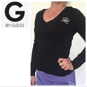 G BY GUESS BLACK RIBBED KNIT PULLOVER HOODIE SWEATER LARGE